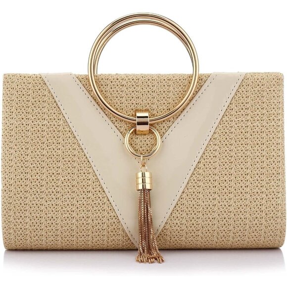 Khaki Straw Handbag for Women, Summer Beach Clutch with Tassels & Large Capacity - Picture 1 of 7